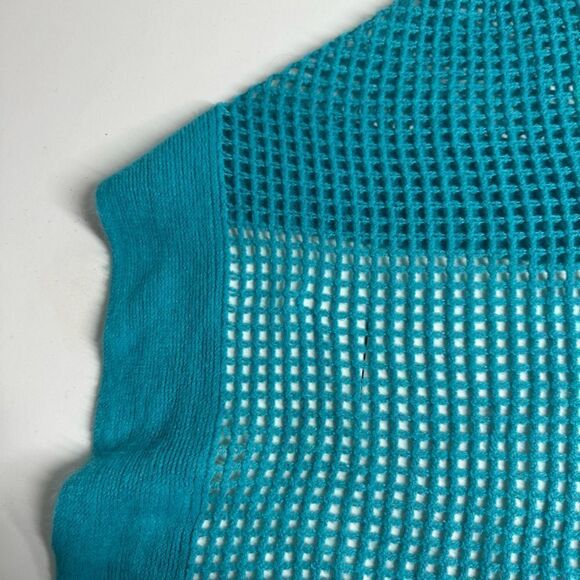 Fishnet Knit Button Up Cardishawl, Teal, Blue, OS - Picture 7 of 12
